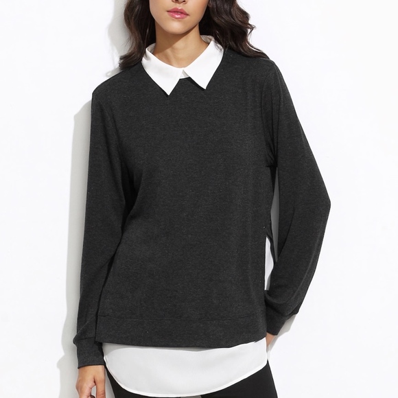 Contrast Collar Curved Hem 2-in-1 Sweater - Picture 2 of 5